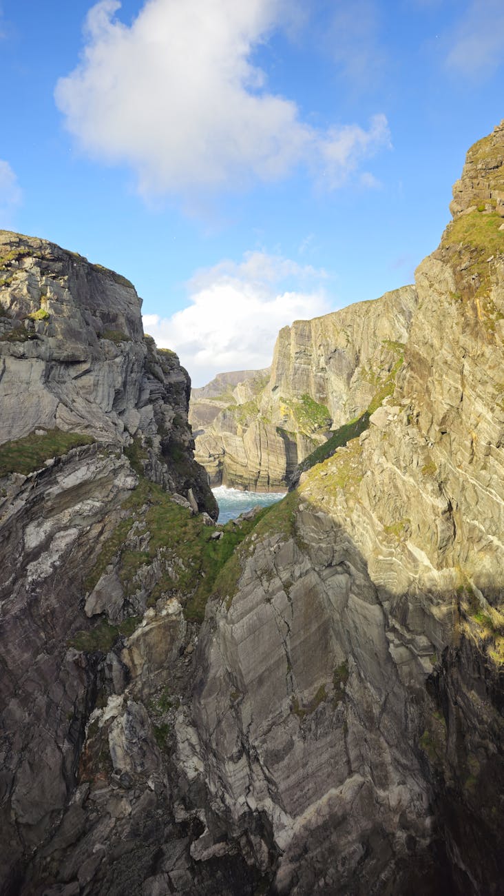 Dramatic rocky cliffs with lush vegetation at Mizen Head, Ireland under a bright sky.